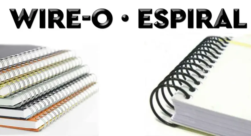 Apilamiento de cuadernos con encuadernación wire-o y un primer plano de un cuaderno con espiral negro.