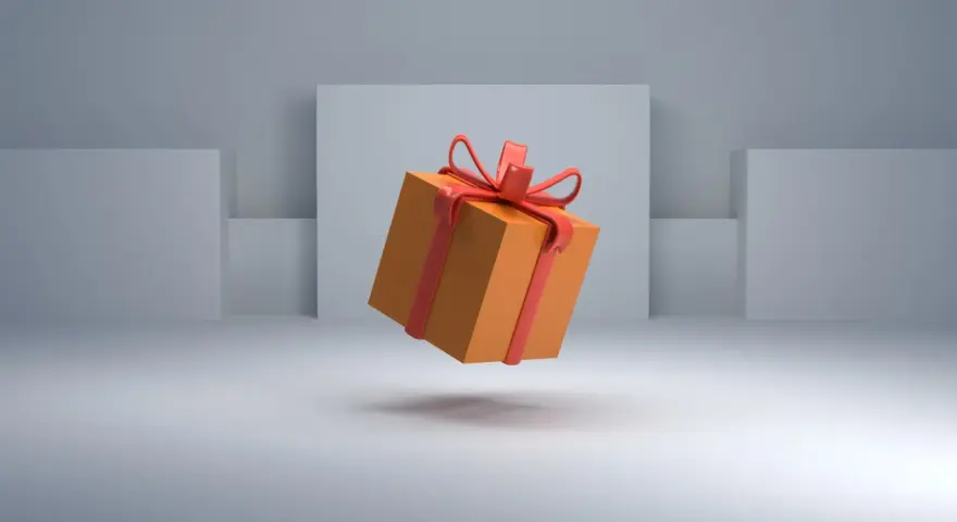 Caja naranja con lazo rojo flotando, simbolizando el significado de un giveaway.