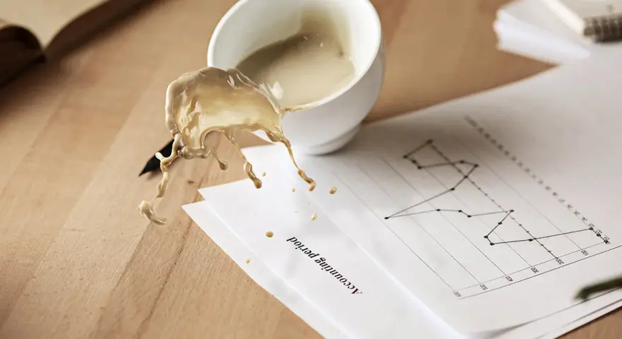Café derramado sobre un gráfico de "Accounting period". El líquido, con un acabado glasofonado mate, salpica sobre el papel y la mesa de madera.