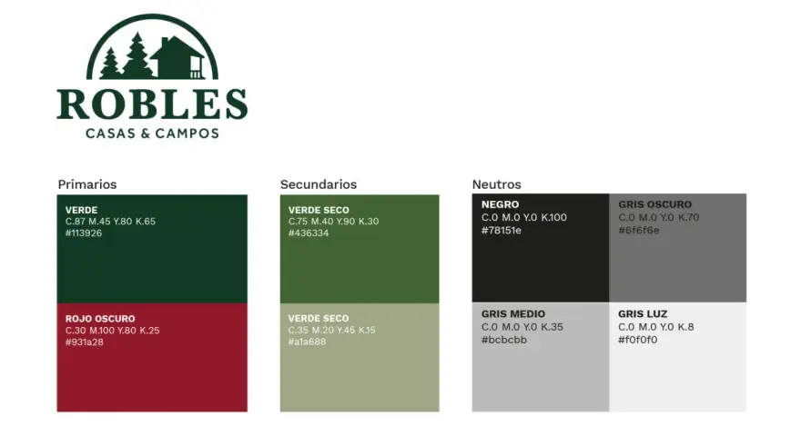 Paleta de colores de "Robles Casas & Campos". El verde, que significa naturaleza y tranquilidad, se presenta en tonos primarios y secundarios.