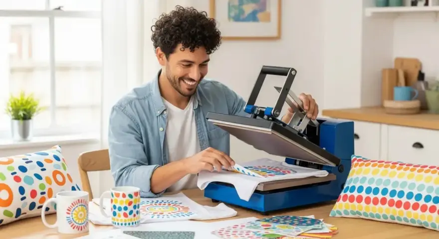Hombre sonriente usando una plancha de calor para un ejemplo de sublimación en una camiseta. Hay tazas y cojines con diseños coloridos.