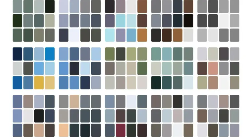 Paleta de colores que evoca los tonos fríos y serenos de los colores invierno, con azules, grises y verdes apagados.