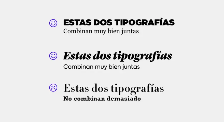 Ejemplos de combinaciones tipográficas: una con cara sonriente y texto en mayúsculas, otra con cara sonriente y texto en cursiva, y una última con cara triste y texto en cursiva, mostrando un posible error tipográfico.