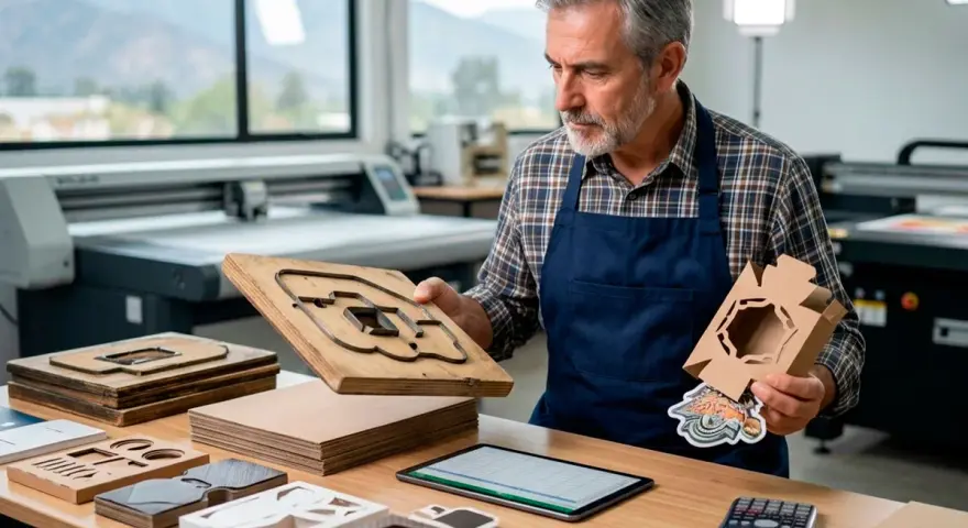 Hombre con delantal revisa un troquel de madera, herramienta esencial para cortar cartón y crear empaques.