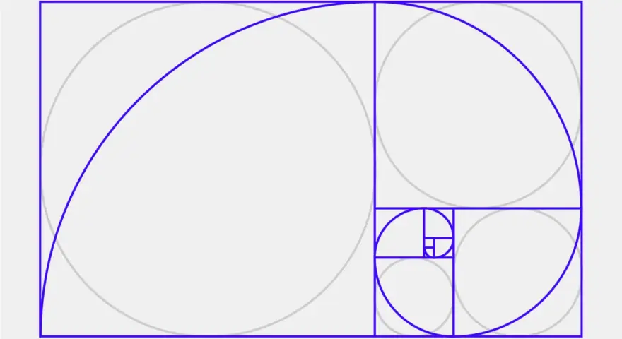 Espiral dorada que se expande, dividiendo rectángulos en proporciones perfectas.