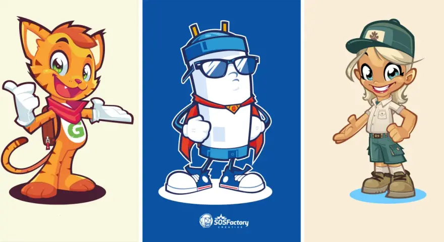 Tres mascotas de marcas: un gato naranja con mochila, un personaje blanco con capa y gafas de sol, y una niña exploradora.
