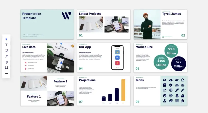 Una presentación de Miro con diapositivas sobre datos en vivo, una app, tamaño de mercado y que son los pictogramas, con ejemplos visuales.