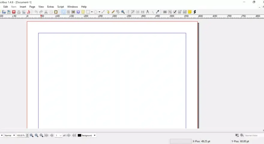 Interfaz de Scribus, un programa de maquetación similar a InDesign gratis, mostrando reglas y un área de trabajo con guías.