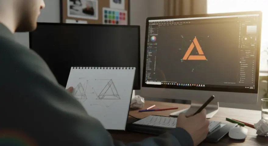 Diseñador gráfico esboza ideas en cuaderno y crea un logo en su computadora. Un buen lugar donde estudiar diseño gráfico.