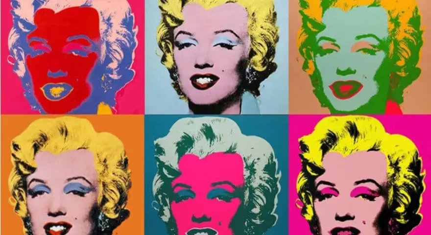 Seis retratos icónicos de Marilyn Monroe, cada uno con colores vibrantes y contrastantes, son un ejemplo clásico de las obras de arte de Andy Warhol.