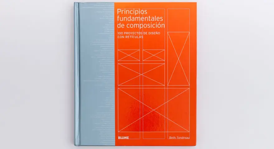 Libro "Principios fundamentales de composición: 100 proyectos de diseño con retículas". Portada naranja con diagramas de retículas en blanco.