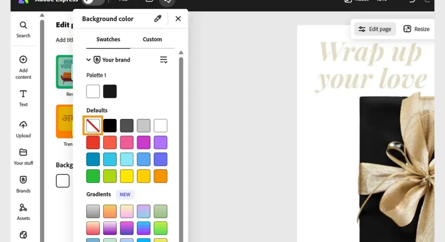 Interfaz de Adobe Express para quitar fondo, mostrando opciones de color de fondo y una imagen de regalo.