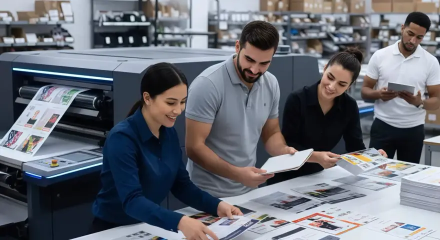 Equipo revisa impresiones de alta calidad en imprentas digitales. La tecnología avanza para ofrecer resultados perfectos.