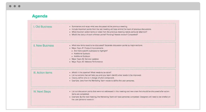 Agenda corporativa detallando puntos de negocio antiguo y nuevo, acciones y próximos pasos.