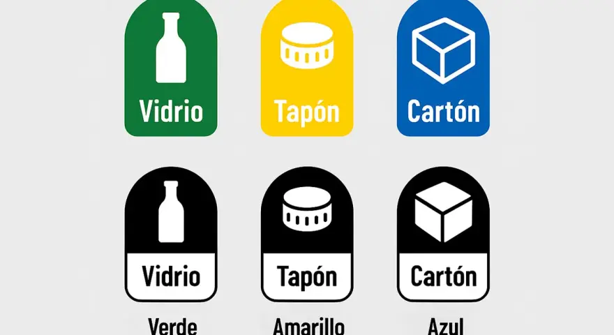 Seis contenedores con el **símbolo de reciclaje** para vidrio, tapón y cartón, en colores verde, amarillo y azul.