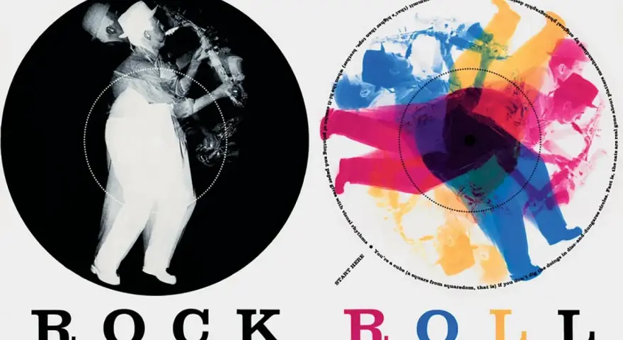 Diseño de Paul Rand con saxofonista en blanco y negro y músicos coloridos superpuestos. "ROCK ROLL" en letras grandes.