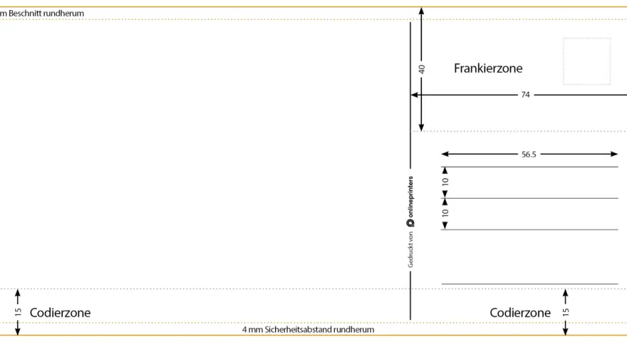 Plantilla para postales para imprimir, con zonas de corte, codificación y franqueo.