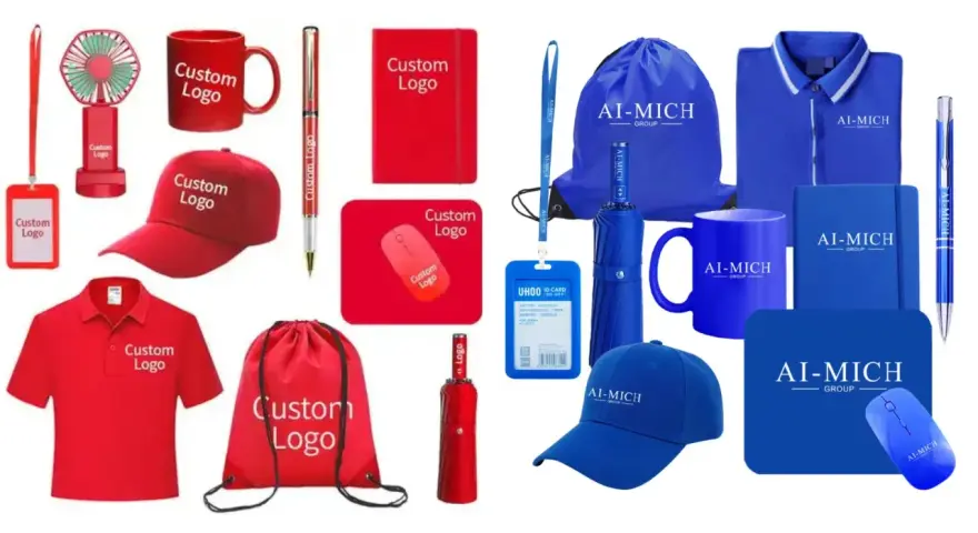 Variedad de productos de marketing personalizables: gorras, polos, tazas, bolígrafos, abanicos, ratones, paraguas, cuadernos y bolsas con logos.