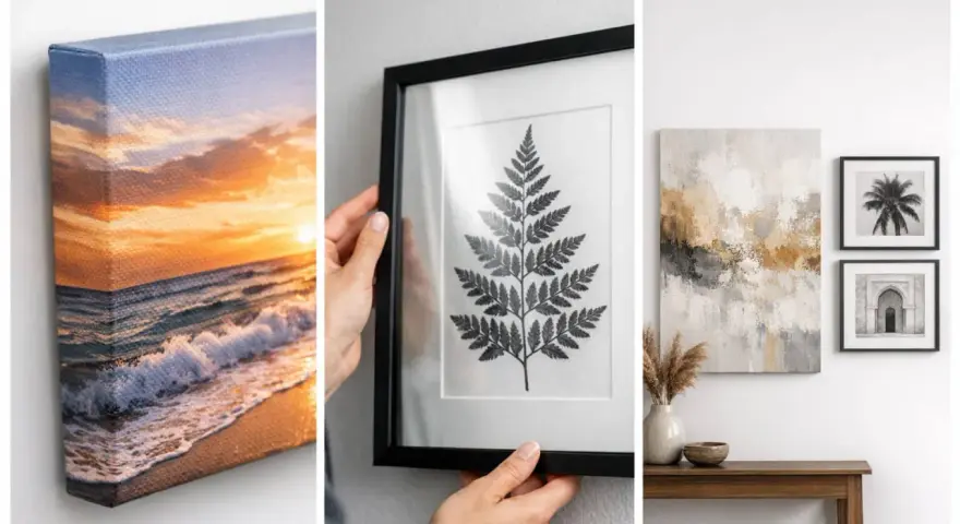 Un lienzo con un atardecer en la playa, una hoja de helecho enmarcada y arte abstracto sobre una mesa.