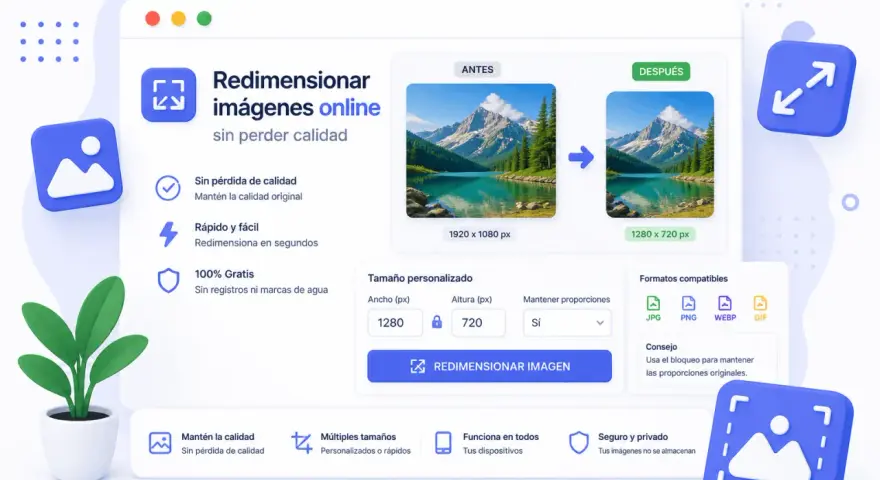 Herramienta para redimensionar foto online sin perder calidad. Muestra antes y después de una imagen de paisaje, con opciones de tamaño y formatos.