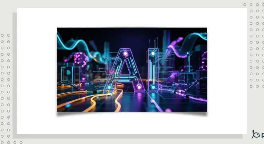 Letras "IA" brillantes y futuristas conectadas por circuitos y cables, en un entorno oscuro con luces de neón.