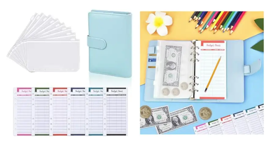 Un organizador de presupuesto azul claro con sobres transparentes y hojas de registro. Ideal para controlar tus finanzas, cada sobre tiene el tamaño perfecto para guardar billetes y monedas.