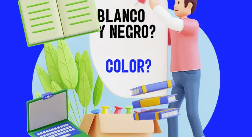 Un hombre con una camisa rosa y pantalones azules sostiene un cartel que dice "BLANCO Y NEGRO? COLOR?". Hay un libro abierto, plantas verdes, un portátil y libros flotando.