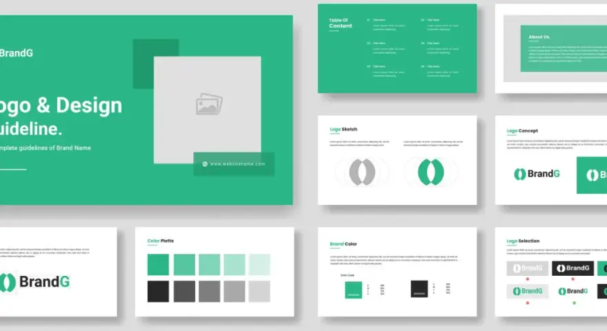 Guía de imagen corporativa de BrandG, mostrando logo, paleta de colores y tipografía.