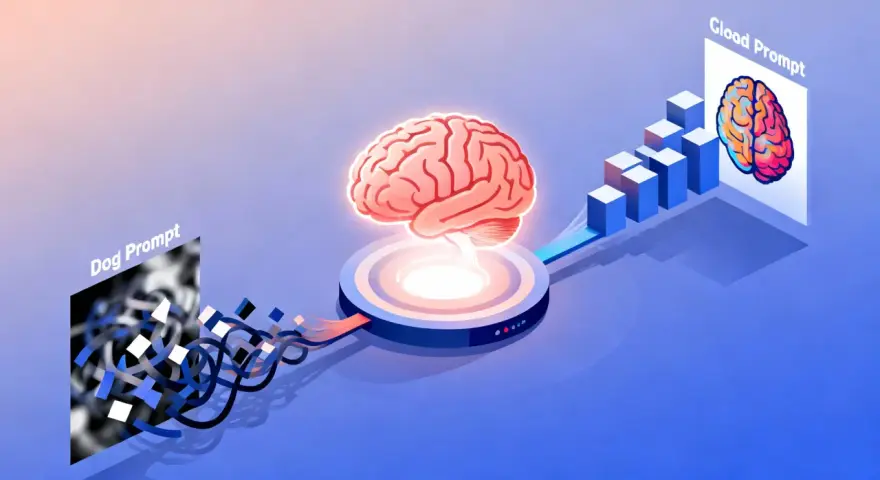 Procesamiento de **prompt imagenes**: un cerebro recibe datos caóticos de un "Dog Prompt" y genera un resultado claro en un "Cloud Prompt".