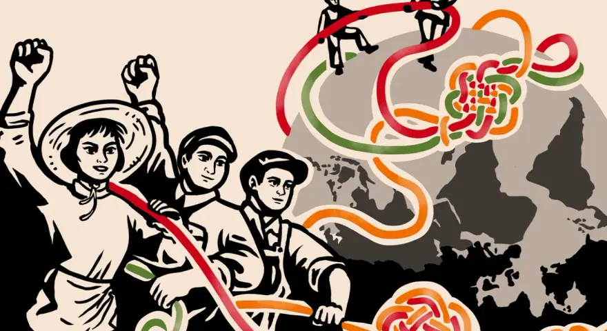 Ilustración de personas uniendo cintas de colores sobre un mapa del mundo, simbolizando la historia del libro y su evolución global.