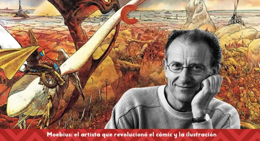 Moebius, el dibujante visionario, sonríe ante su obra: un mundo fantástico con criaturas extrañas y paisajes desérticos.