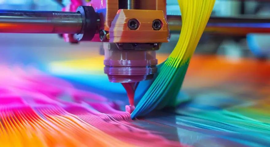 Cabezal de impresora 3D creando una obra de arte vibrante. La **impresión ecológica** se materializa en capas de color que fluyen, un futuro brillante y colorido.