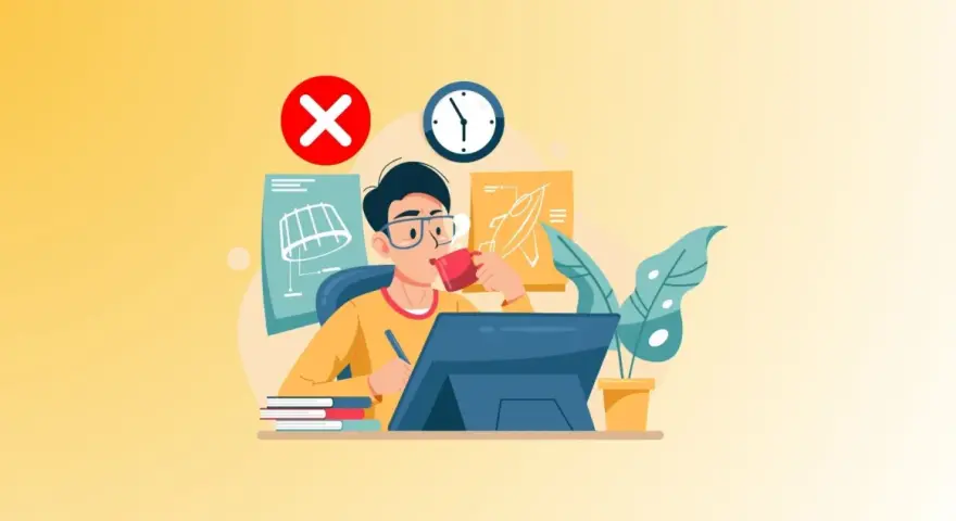 Un joven con gafas bebe café mientras trabaja en su computadora, rodeado de planos y un reloj. Un símbolo de "X" roja indica que no es la forma correcta de hacer brainstorming.