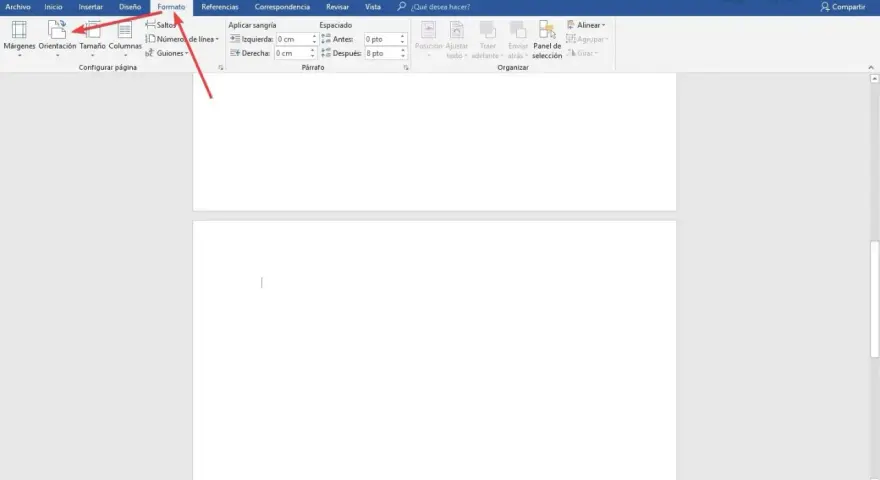 Interfaz de Word con el menú "Formato" abierto, mostrando opciones de sangría y espaciado para un documento a4 horizontal.