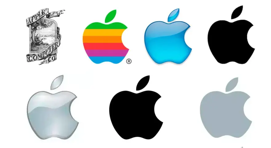 Evolución de los logos Apple: desde el antiguo grabado hasta los modernos diseños monocromáticos y de colores.