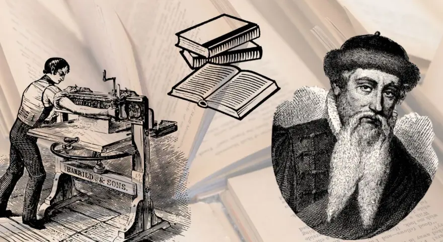 Retrato de Gutenberg, el hombre quien inventó la imprenta, junto a una prensa antigua y libros.