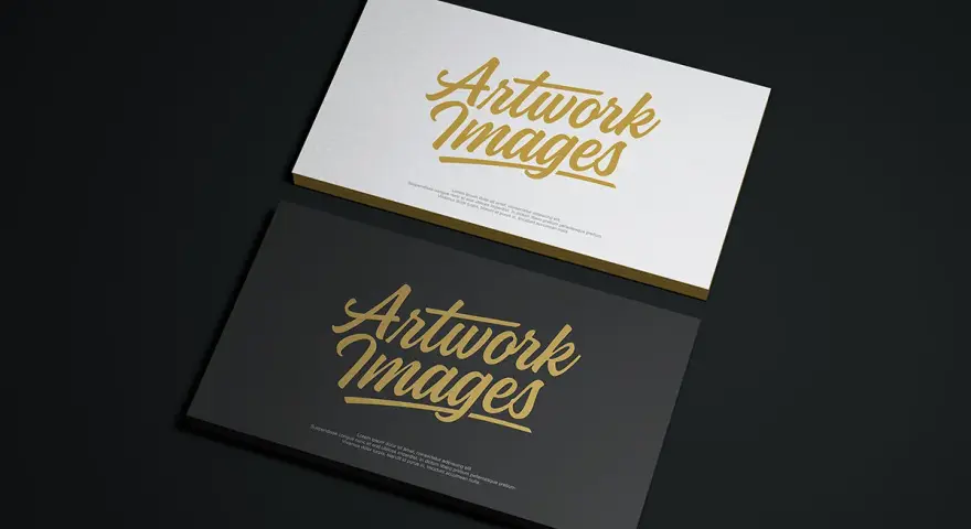 Dos tarjetas de papel apiladas, una blanca y otra negra, con texto dorado "Artwork Images" y texto de relleno.