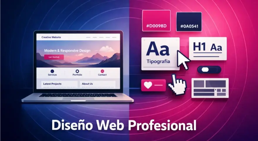 Diseño web profesional: laptop con una pagina web bonita, elementos de diseño, tipografía y paletas de colores.