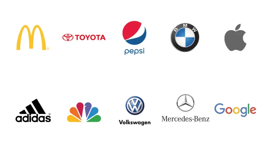 Logos de marcas reconocidas como McDonald's, Toyota, Pepsi, BMW, Apple, Adidas, NBC, Volkswagen, Mercedes-Benz y Google. Ejemplos de imagen corporativa.