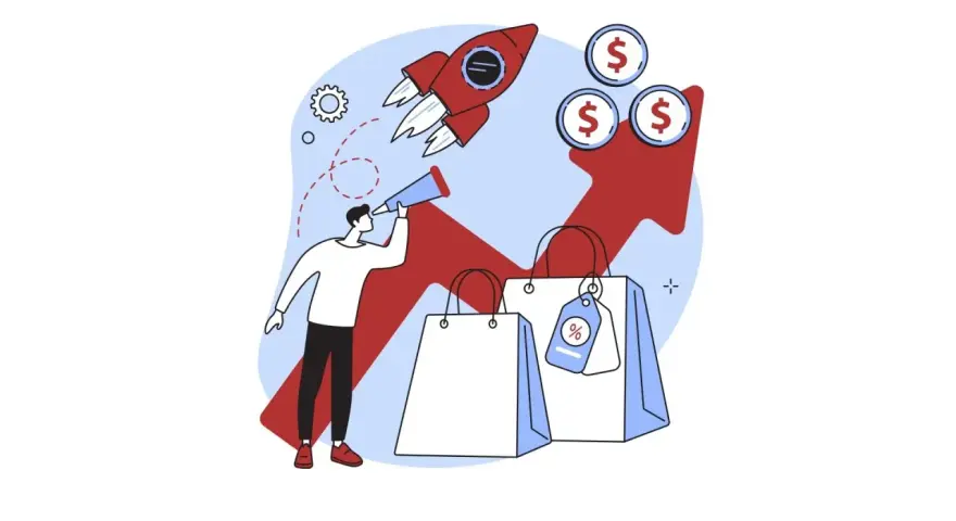 Hombre con catalejo busca oportunidades para la generación leads, con cohete despegando y bolsas de compras.