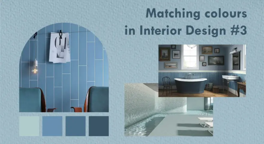 Paleta de colores inspirada en el **color azul** para interiores, mostrando un baño elegante y una piscina moderna.
