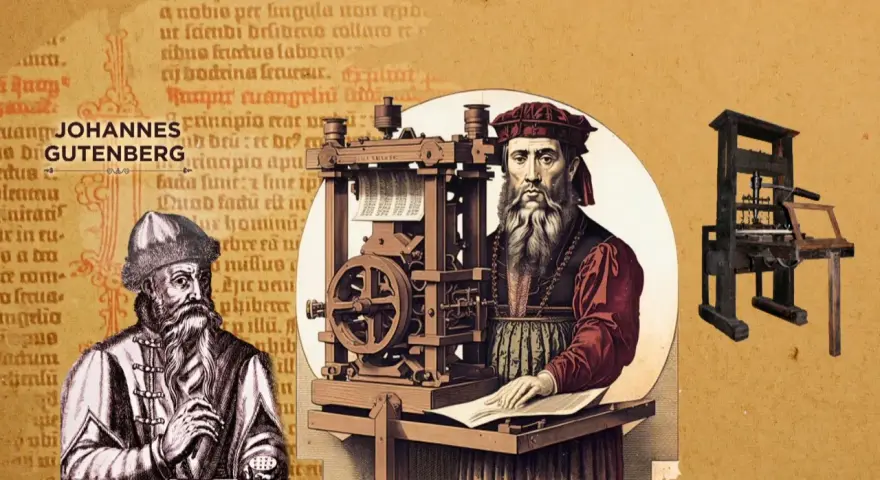 Retrato de Johannes Gutenberg junto a su imprenta, revolucionando la difusión del conocimiento.