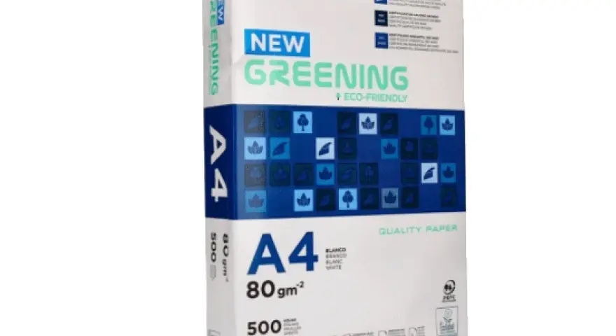 Paquete de papel A4 "New Greening" de 80 g/m². Averigua cuanto pesa un folio de este papel ecológico.