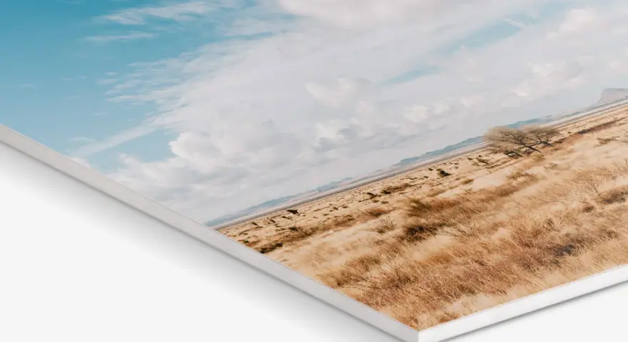 Impresión en forex de un paisaje desértico con cielo azul y nubes.