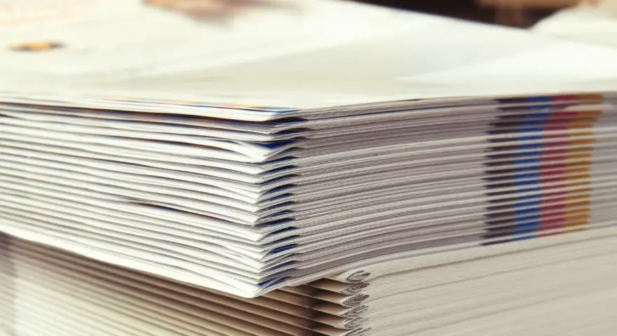 Pilas de folletos recién impresos, un detalle de las curiosidades de la imprenta y la gama de colores CMYK.