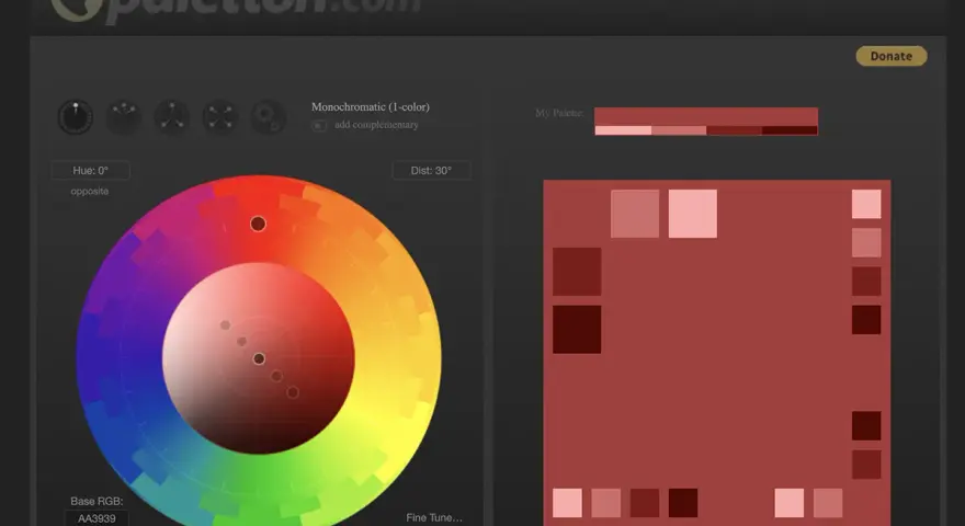Paleta de colores cálidos en tonos rojos y rosados, generada por Paletton.com.