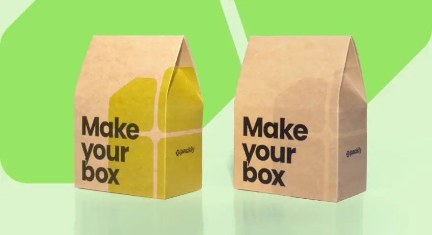 Dos cajas de cartón, una con diseño amarillo y la otra sin, ambas con el lema "Make your box".