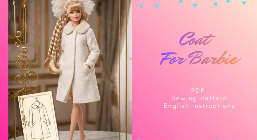 Barbie con abrigo blanco y tocado de plumas, junto a un patrón de costura. ¡Un look digno de la Barbie más glamurosa, con un toque de color rosa barbie en el fondo!