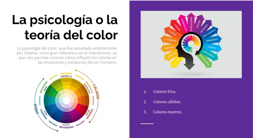 Diagrama de la rueda de colores que muestra la división entre tonos fríos y cálidos, con flechas que indican emociones asociadas a cada color.