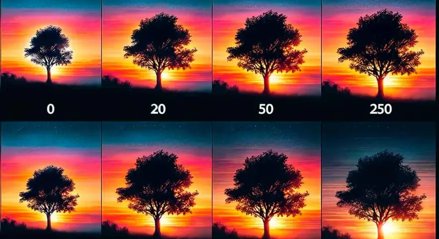 Ocho imágenes de un árbol solitario al atardecer, cada una con un número diferente debajo, mostrando cómo cambia la **resolución** de la imagen.